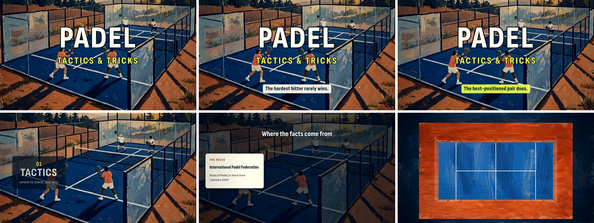Six frames from the opening of Padel Tactics film 1: the title PADEL, TACTICS AND TRICKS over a painting of four players on a blue court from the first frame, the line The hardest hitter rarely wins, the line The best-positioned pair does, a chapter card reading 01 Tactics, a card saying where the facts come from with the International Padel Federation rules, and the first court diagram seen from above.