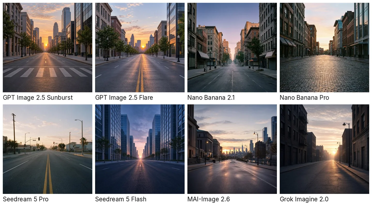 Eight AI-generated pictures of a city street at dawn, one per model, each labelled with the model's name. The prompt asked for no people, no cars and no signs or text.