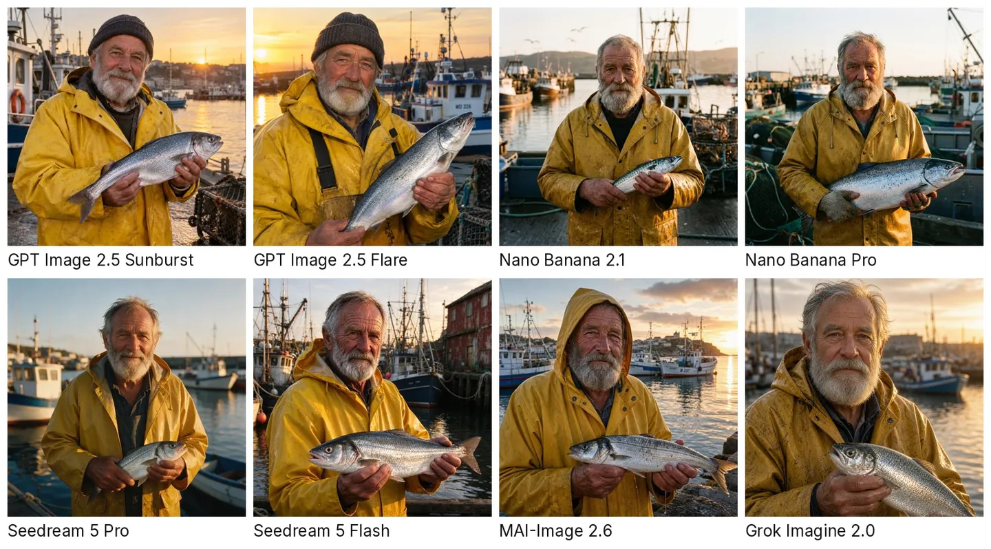 Eight AI-generated portraits of an elderly fisherman with a grey beard in a yellow raincoat holding a silver fish in front of a harbour at golden hour, one per model, each labelled with the model's name.