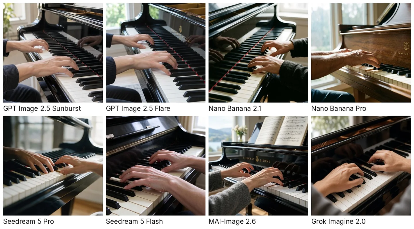 Eight AI-generated close-up photos of hands playing a grand piano, one per model, each labelled with the model's name.