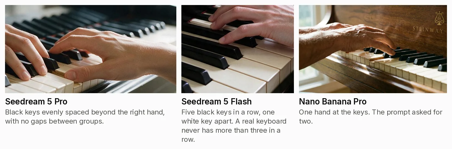 Three enlarged crops. Seedream 5 Pro: Black keys evenly spaced beyond the right hand, with no gaps between groups. Seedream 5 Flash: Five black keys in a row, one white key apart. A real keyboard never has more than three in a row. Nano Banana Pro: One hand at the keys. The prompt asked for two.