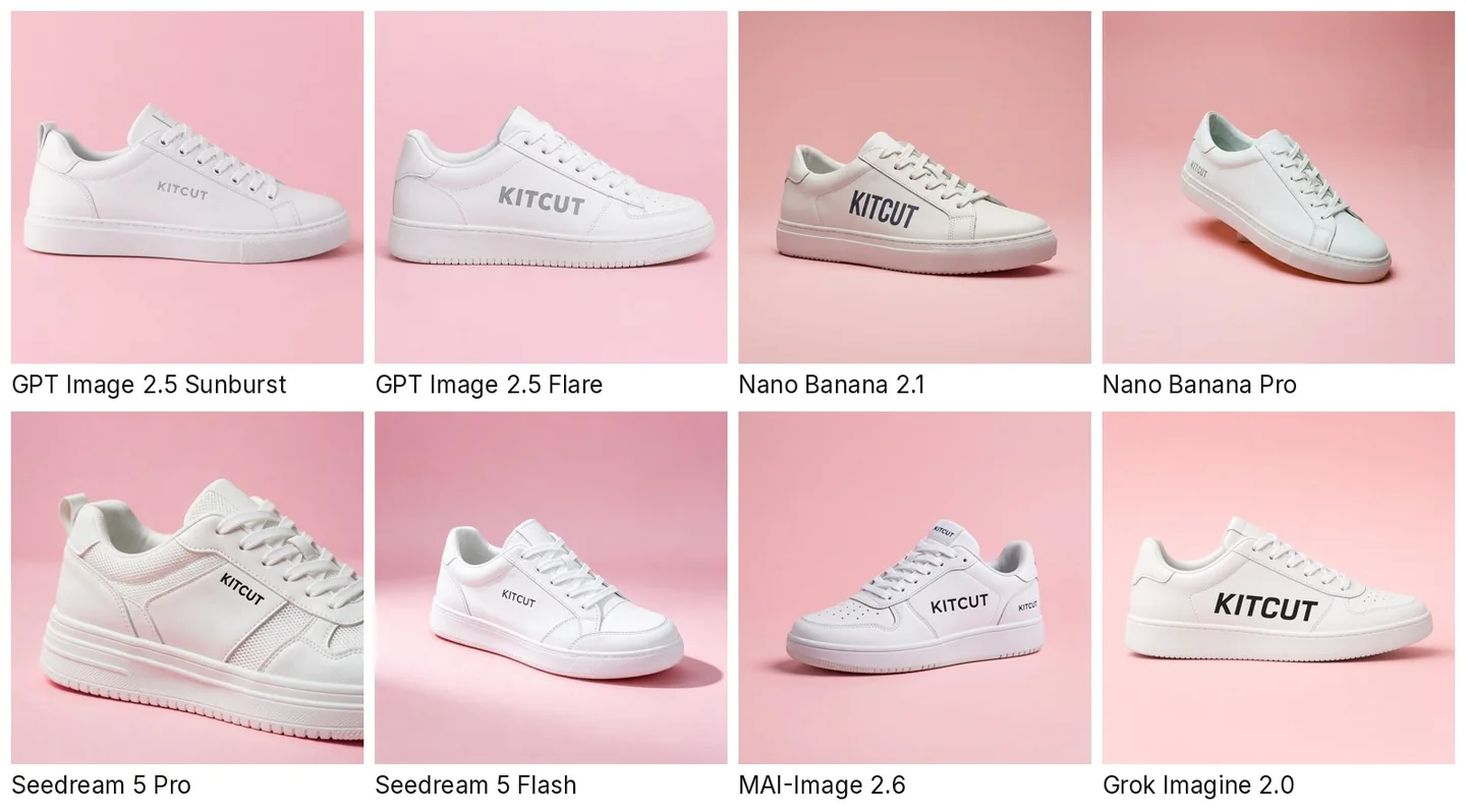 Eight AI-generated product photos of a white sneaker with KITCUT printed on its side against a pastel pink background, one per model, each labelled with the model's name.