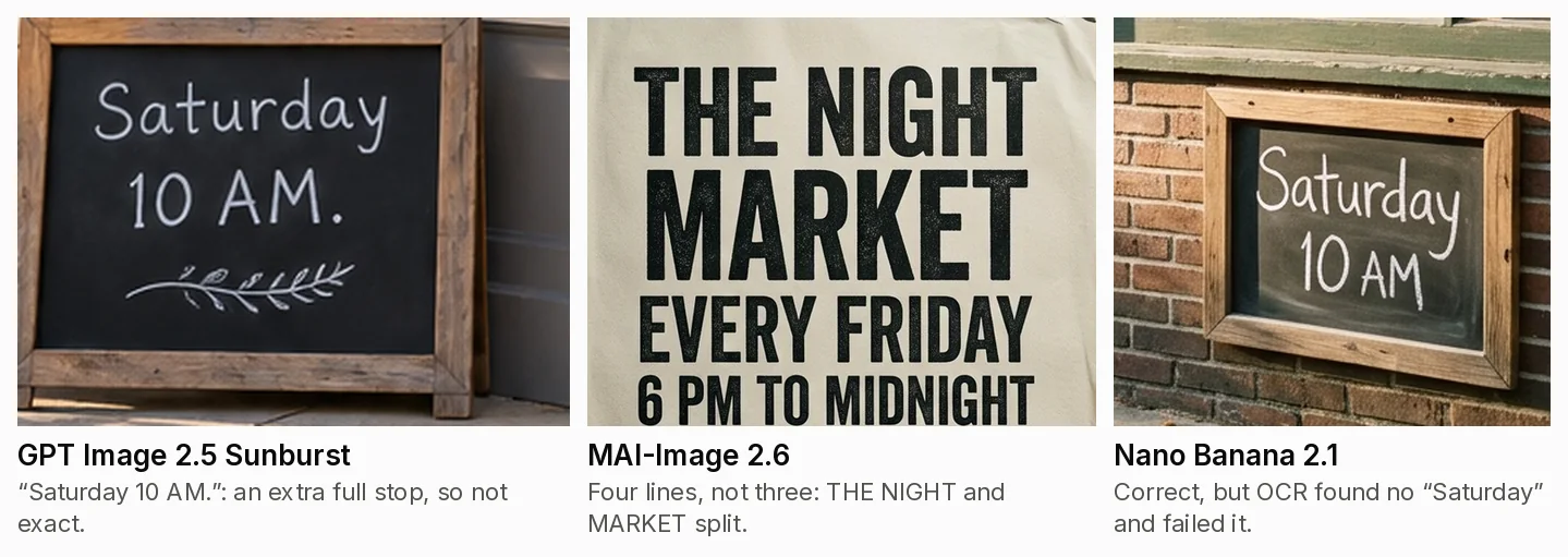 Three enlarged crops. GPT Image 2.5 Sunburst: “Saturday 10 AM.”: an extra full stop, so not exact. MAI-Image 2.6: Four lines, not three: THE NIGHT and MARKET split. Nano Banana 2.1: Correct, but OCR found no “Saturday” and failed it.