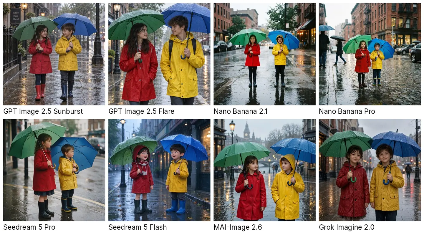 Eight AI-generated pictures in a labelled grid, one per model: a girl in a red coat with a green umbrella next to a boy in a yellow raincoat with a blue umbrella on a rainy street. Seedream 5 Flash drew them as 3D cartoon characters; the other seven look like photographs.
