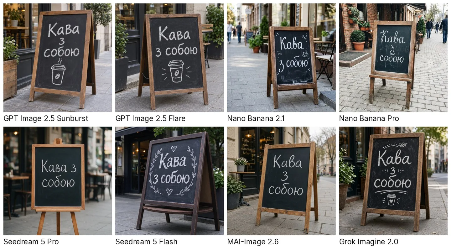 Eight AI-generated chalkboard signs on sidewalk easels reading Кава з собою (Ukrainian for coffee to go), one per model, each labelled with the model's name.