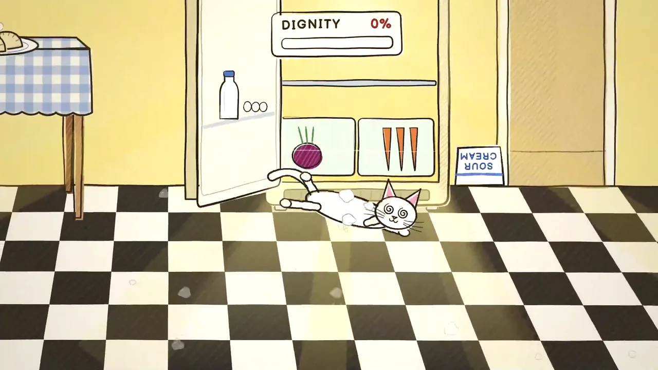 Duchess, a white crayon-drawn cat, flat on a kitchen floor beside an open fridge and a fallen tub of sour cream, her DIGNITY meter at 0%.