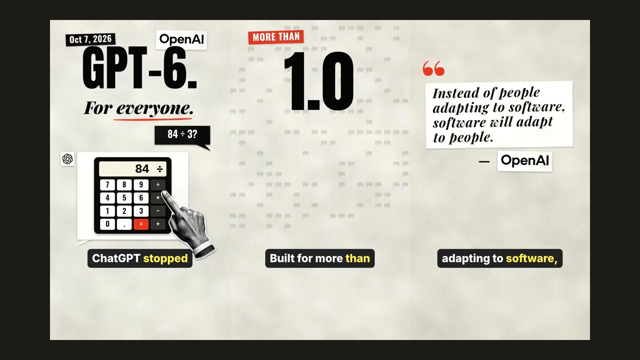Three frames of a tall KitCut Short side by side: OpenAI's GPT-6 announcement with a calculator, the figure more than 1.0 set very large, and a quote from OpenAI on a paper card, each with its caption.