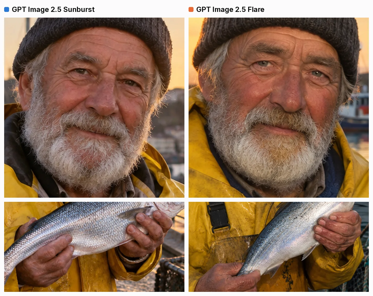 Close-up crops from the two fisherman portraits, enlarged. Top row, the faces: Sunburst's warmer and smoother, with brown eyes creased in a smile and a soft white beard; Flare's more weathered, with blue-grey eyes, deep furrows and a red nose. Bottom row, the hands holding the fish: both with knuckles, creases and dirt in the lines, Flare's redder and rougher.