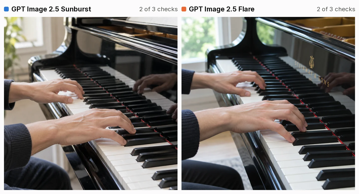 Two AI close-ups of two hands playing a grand piano, both framed almost identically with hands entering from the left in dark sleeves. Left, Sunburst: veined, slightly older hands and a plain black fallboard reflecting them. Right, Flare: smoother hands and a Steinway & Sons name and lyre logo painted on the fallboard.