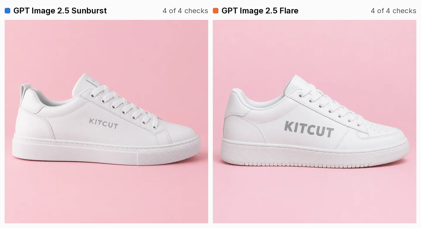 Two AI product photos of a white sneaker in side view on a pastel pink background with KITCUT on its side. Left, Sunburst: a slim minimal court shoe with a small metallic KITCUT and a label on the tongue. Right, Flare: a chunkier basketball-style shoe with a large grey KITCUT print and a perforated toe.
