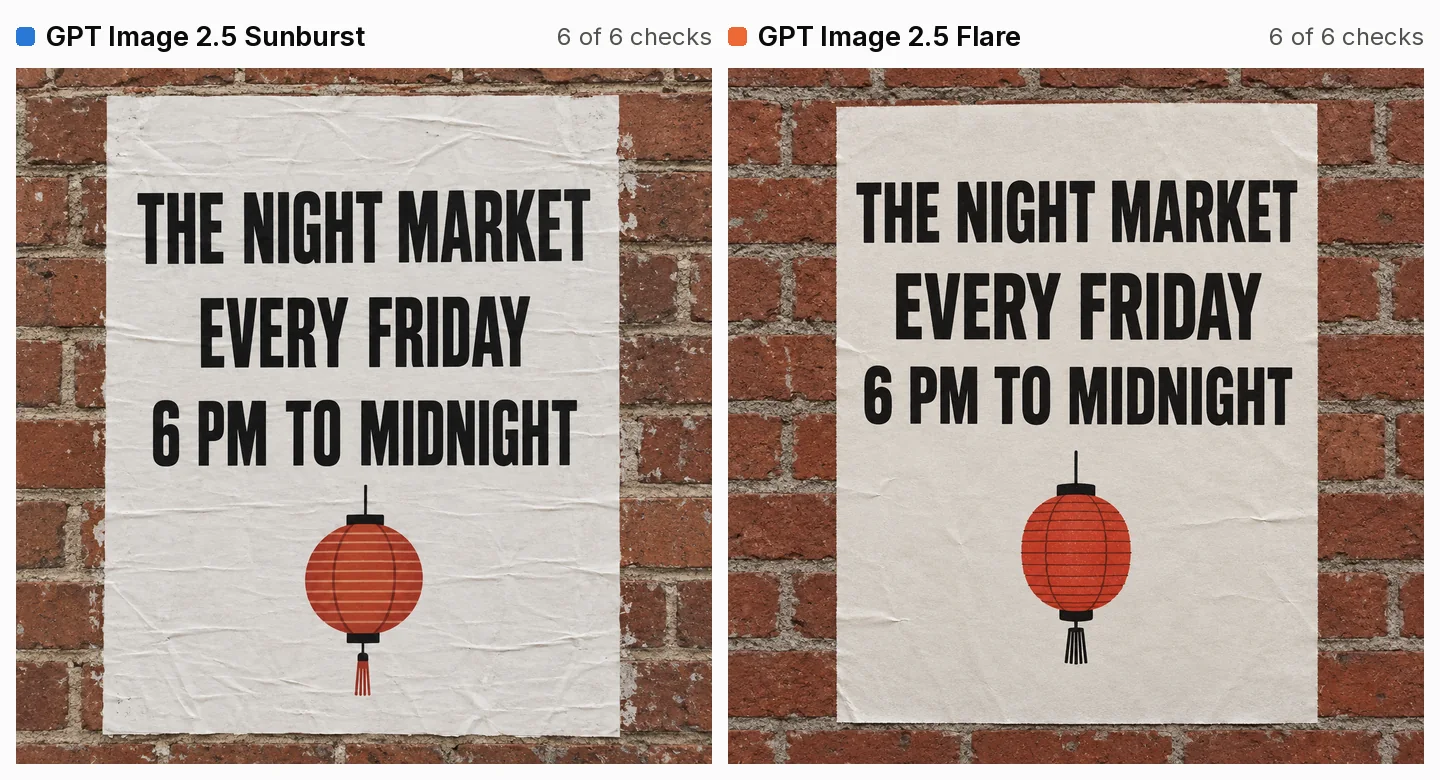 Two AI posters pasted on brick walls reading THE NIGHT MARKET, EVERY FRIDAY, 6 PM TO MIDNIGHT in bold condensed capitals, with a red paper lantern below the text. Left, Sunburst: creased, freshly pasted paper. Right, Flare: flatter paper and a lantern with a printed grain.
