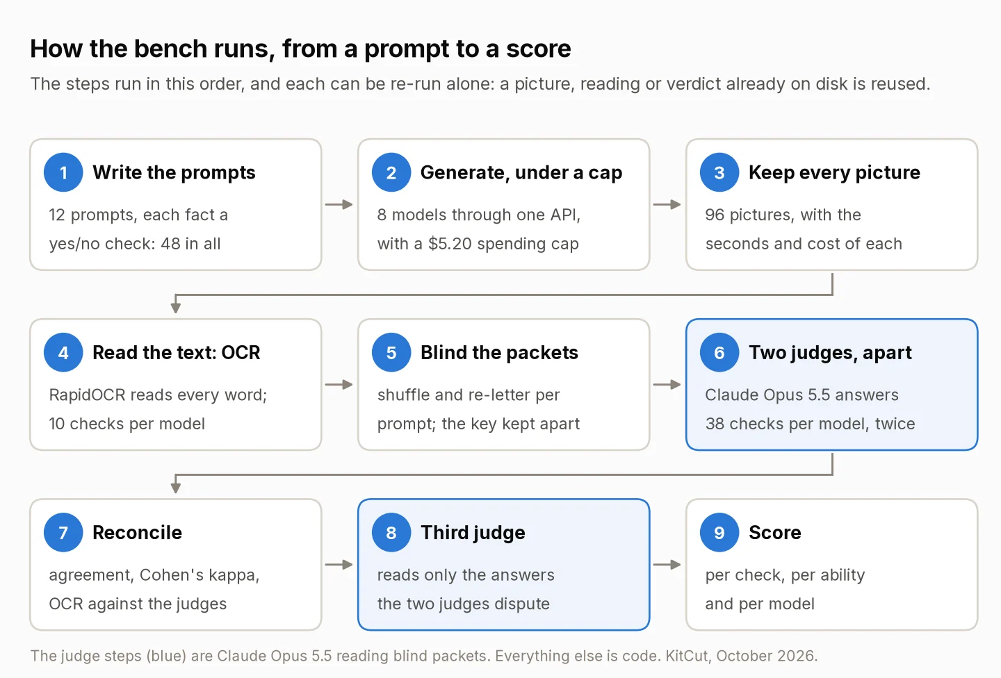 A diagram of the bench in nine steps: write the prompts (12 prompts, 48 yes/no checks), generate under a $5.20 spending cap (8 models through one API), keep every picture (96, with seconds and cost), read the text with OCR (10 checks per model), blind the packets (shuffled and re-lettered per prompt, the key kept apart), two judges apart (Claude Opus 5.5, 38 checks per model, twice), reconcile (agreement, Cohen's kappa, OCR against the judges), a third judge on disputed answers only, and score per check, per ability and per model.