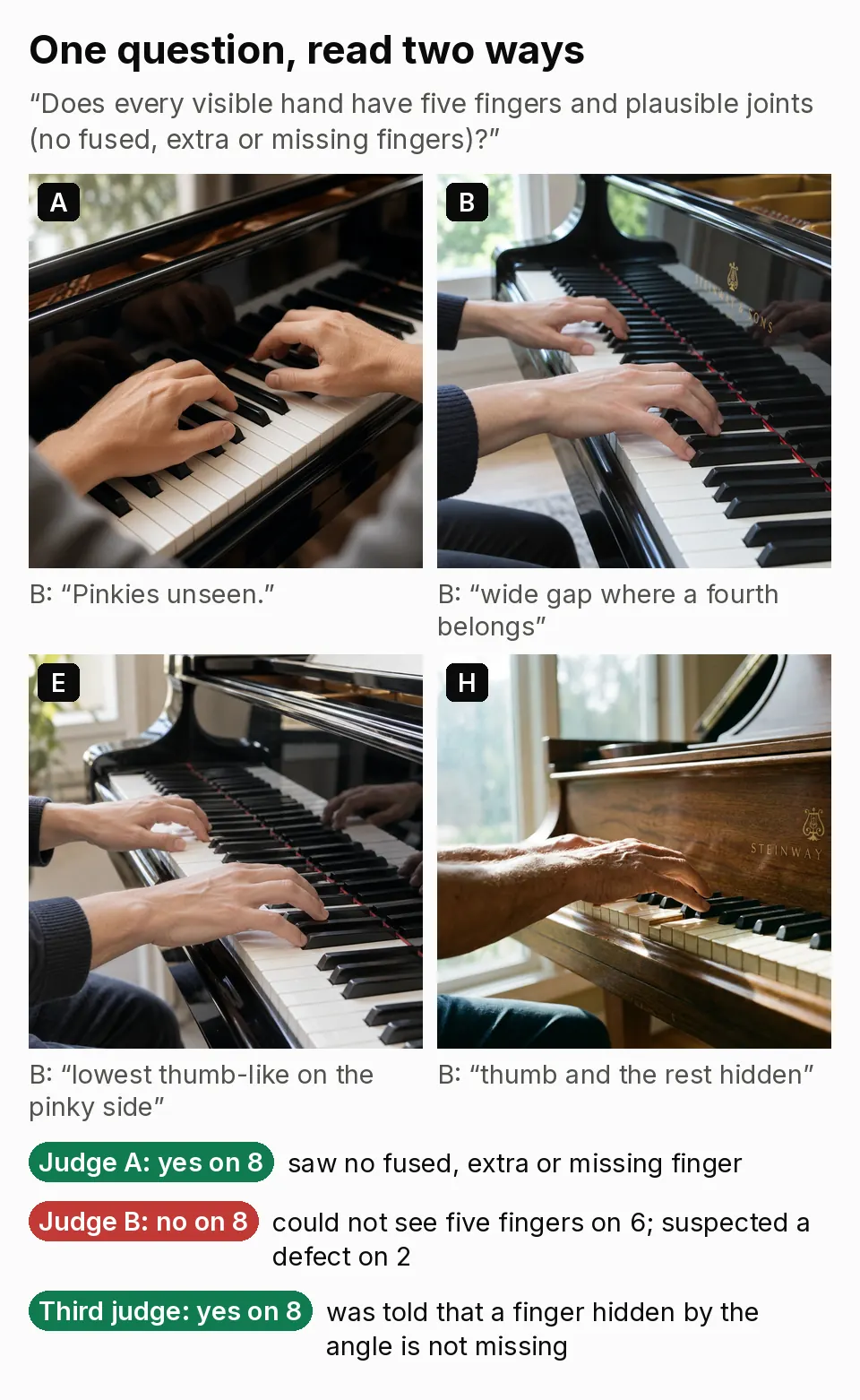 Four of the eight close-ups of hands on a piano, pictures A, B, E and H, each with words from judge B's note: pinkies unseen; a wide gap where a fourth finger belongs; the lowest finger thumb-like on the pinky side; thumb and the rest hidden. Below, the answers on all eight: judge A yes, judge B no, and the third judge, told that a finger hidden by the angle is not missing, yes.