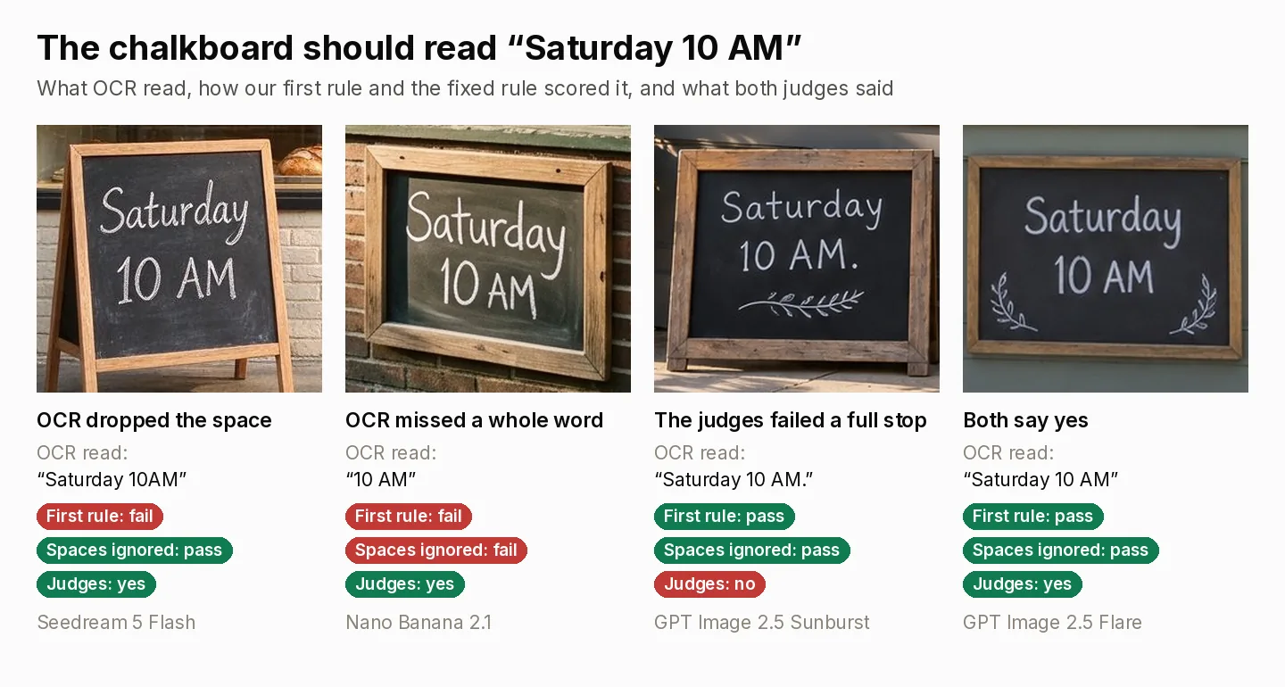 Four chalkboards from the bakery prompt, each reading Saturday 10 AM in chalk. Seedream 5 Flash: OCR read 'Saturday 10AM', which failed our first rule and passes with spaces ignored; the judges said yes. Nano Banana 2.1: OCR read only '10 AM' and fails under both rules while the judges said yes. GPT Image 2.5 Sunburst: the board reads 'Saturday 10 AM.' with a full stop; OCR passed and the judges said no. GPT Image 2.5 Flare: both passed.