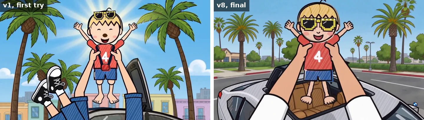 Two frames. In the first try, a pair of upside-down legs in black sneakers appears below Leo as arms lift him into the sky. In the final version, two hands in white sleeves reach in from the bottom of the frame and lift Leo out of a car's sunroof.