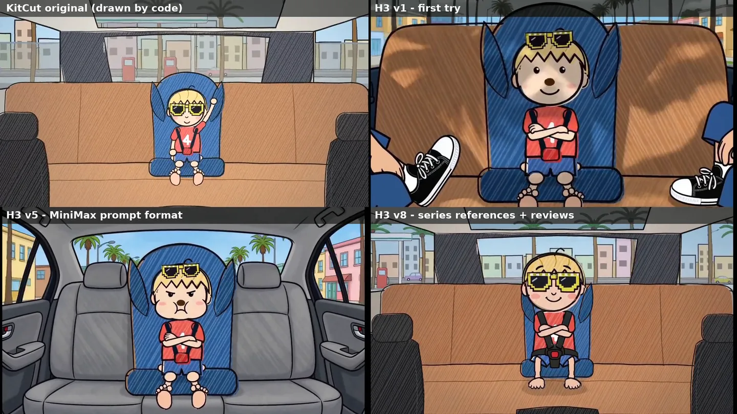 A 2x2 grid of the same moment. KitCut's drawn original of Leo in his car seat. H3's first try, with a man's legs in black sneakers on both sides of Leo and leaf shadows across his face. Version 5, in a grey car interior with rear doors, Leo with puffed cheeks. Version 8, in the series' tan back seat between dark pillars, Leo smiling.