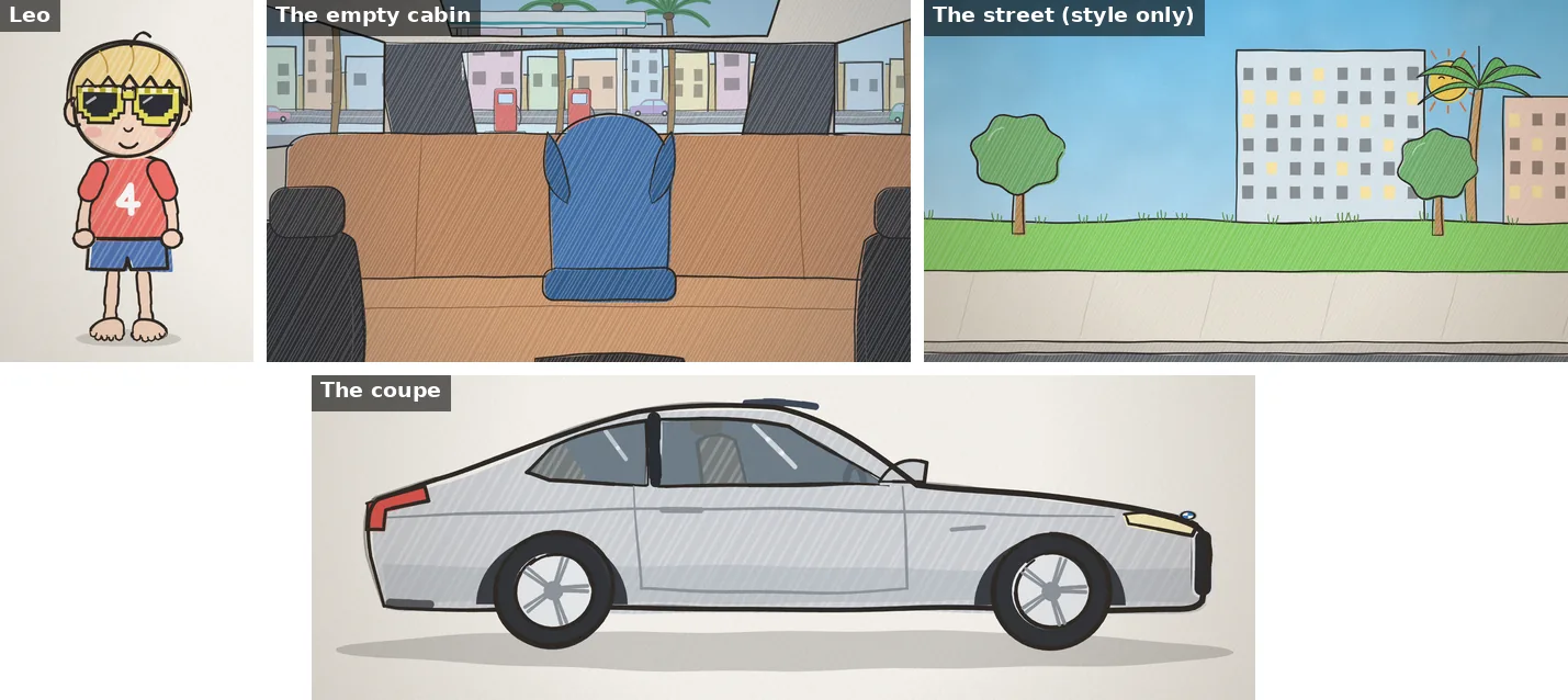 Four drawings on plain grounds: Leo standing barefoot in yellow sunglasses, a red number-4 T-shirt and blue shorts; an empty car interior with a tan bench, dark pillars and a blue child seat; a street of buildings and trees; a silver two-door coupe seen side-on.