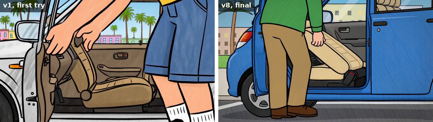 Two frames. In the first try, a man in blue shorts and white socks folds a car seat. In the final version, a man in a green shirt, khaki trousers and brown shoes folds the beige front seat of a blue car, which still shows a second door with a handle.