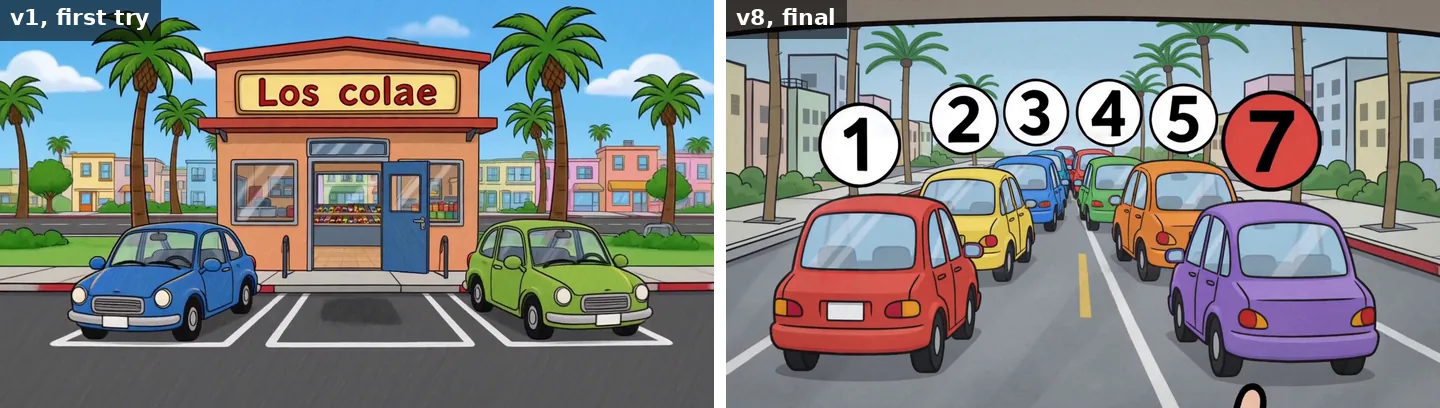 Two frames side by side. H3's first try shows a cartoon shop whose sign reads Los colae. The final version shows a queue of cartoon cars from behind, with white circles numbered 1 to 5 and a red circle numbered 7 above them.