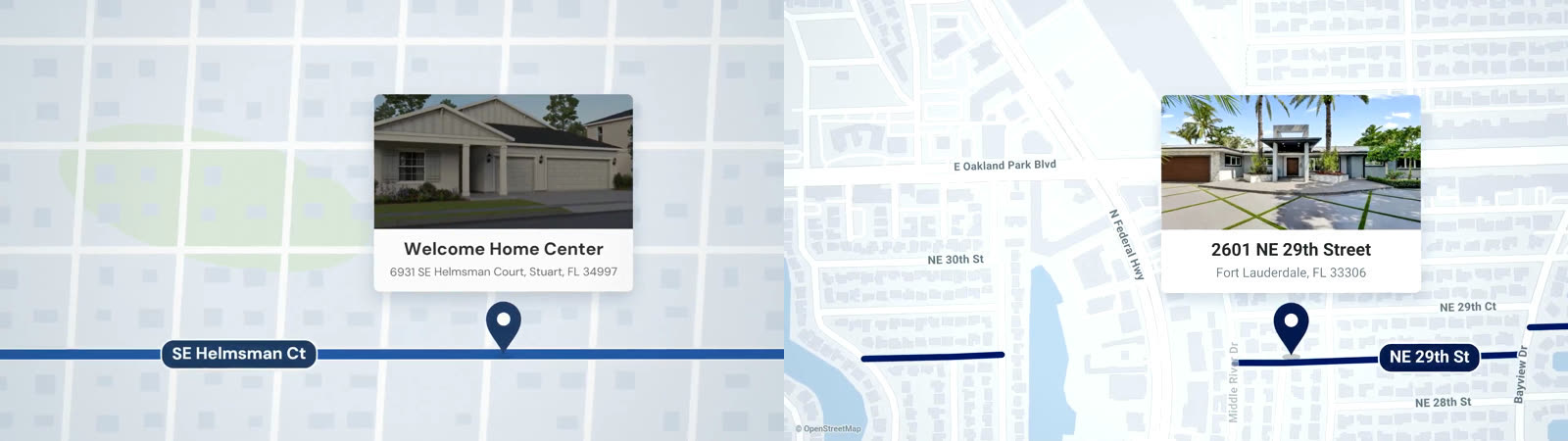 Two map frames side by side from the open house film. Left, before: a made-up map of a regular grid of grey blocks with a pin and a highlighted street labelled SE Helmsman Ct. Right, after: the real street map of the neighbourhood round 2601 NE 29th Street in Fort Lauderdale from OpenStreetMap, with real canals, buildings and street names such as NE 29th St, NE 30th St and E Oakland Park Blvd, and the house pinned on its own street.