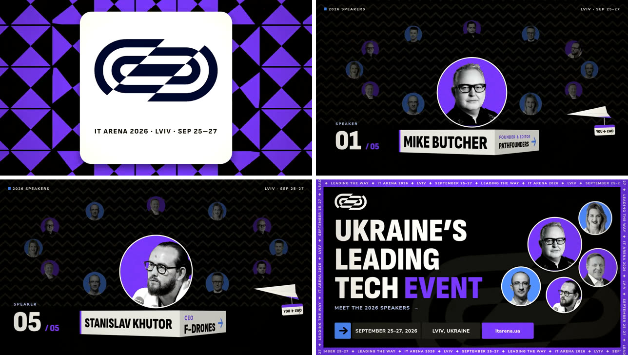 Four frames from the same template remade for Lviv IT Arena 2026 from one line of text: the IT Arena logo on purple and black tiles with its dates, speaker 01 Mike Butcher of Pathfounders on the carousel, speaker 05 Stanislav Khutor of F-Drones, and the closing poster Ukraine's leading tech event with the real dates, city and website.