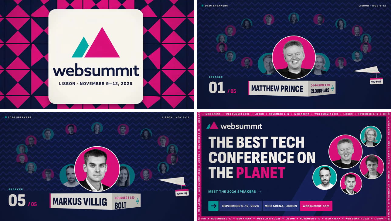 Four frames from the Web Summit 2026 speaker promo, the template's example: the Web Summit logo on pink and navy tiles, speaker 01 Matthew Prince of Cloudflare on a carousel of faces, speaker 05 Markus Villig of Bolt, and the closing poster The best tech conference on the planet.