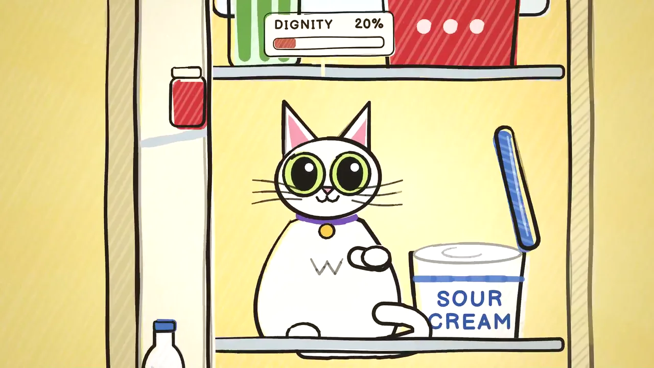 Duchess, a white crayon-drawn cat, sitting inside an open fridge beside a tub of sour cream, eyes wide, with the DIGNITY meter at the top of the screen at 20%.