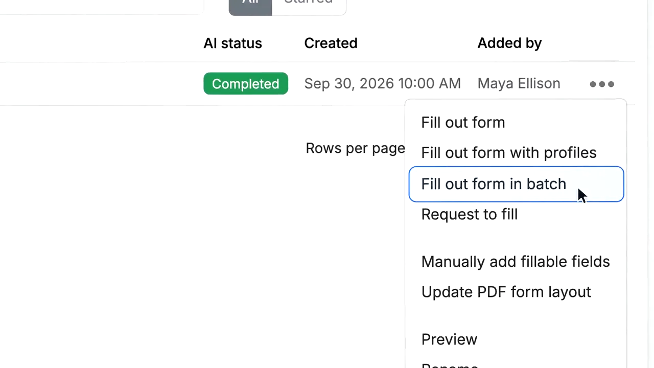A frame of an Instafill help film: the real app's forms list with a row's menu open and the cursor on Fill out form in batch, outlined in the app's own blue.