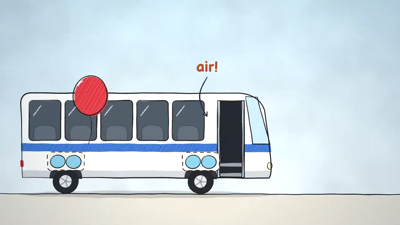A KitCut cartoon frame in crayon: a white city bus with a red balloon floating above it and the word air! pointing at its door.