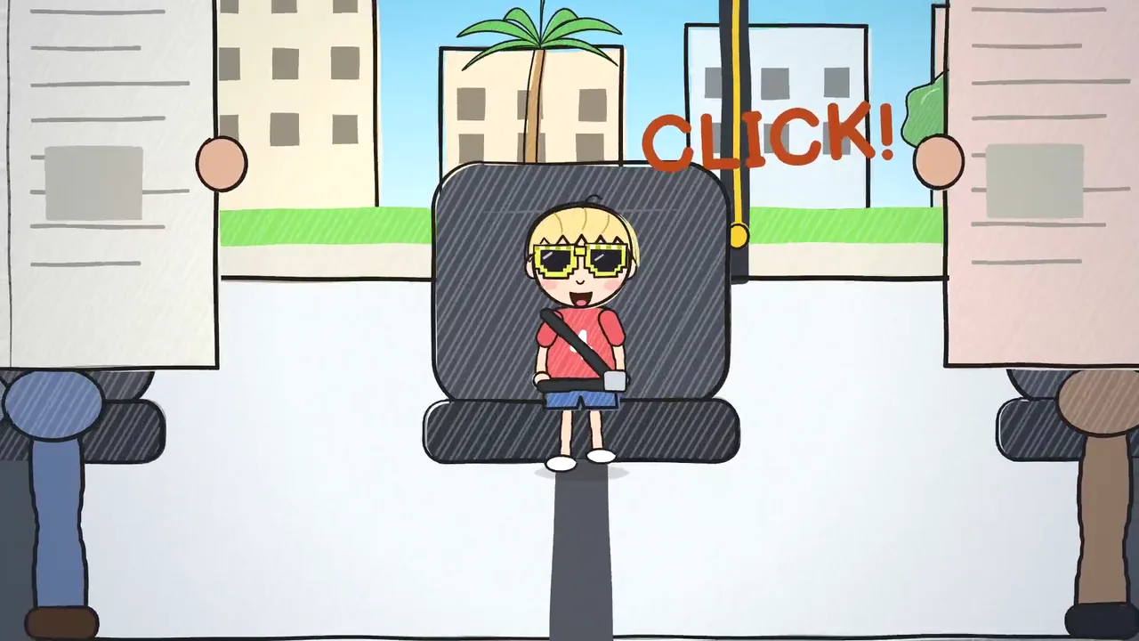 A KitCut cartoon frame in crayon: Leo in his yellow sunglasses buckled into a bus seat, CLICK! written above him, with the grown-ups beside him seen only as legs and the newspapers they hold.
