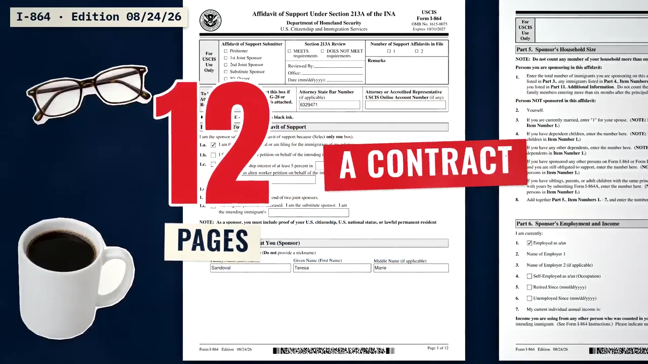 The opening of a Form Desk episode in KitCut's collage look: the real pages of Form I-864 on a dark table with the words 12 pages, a contract, glasses and a coffee cup.
