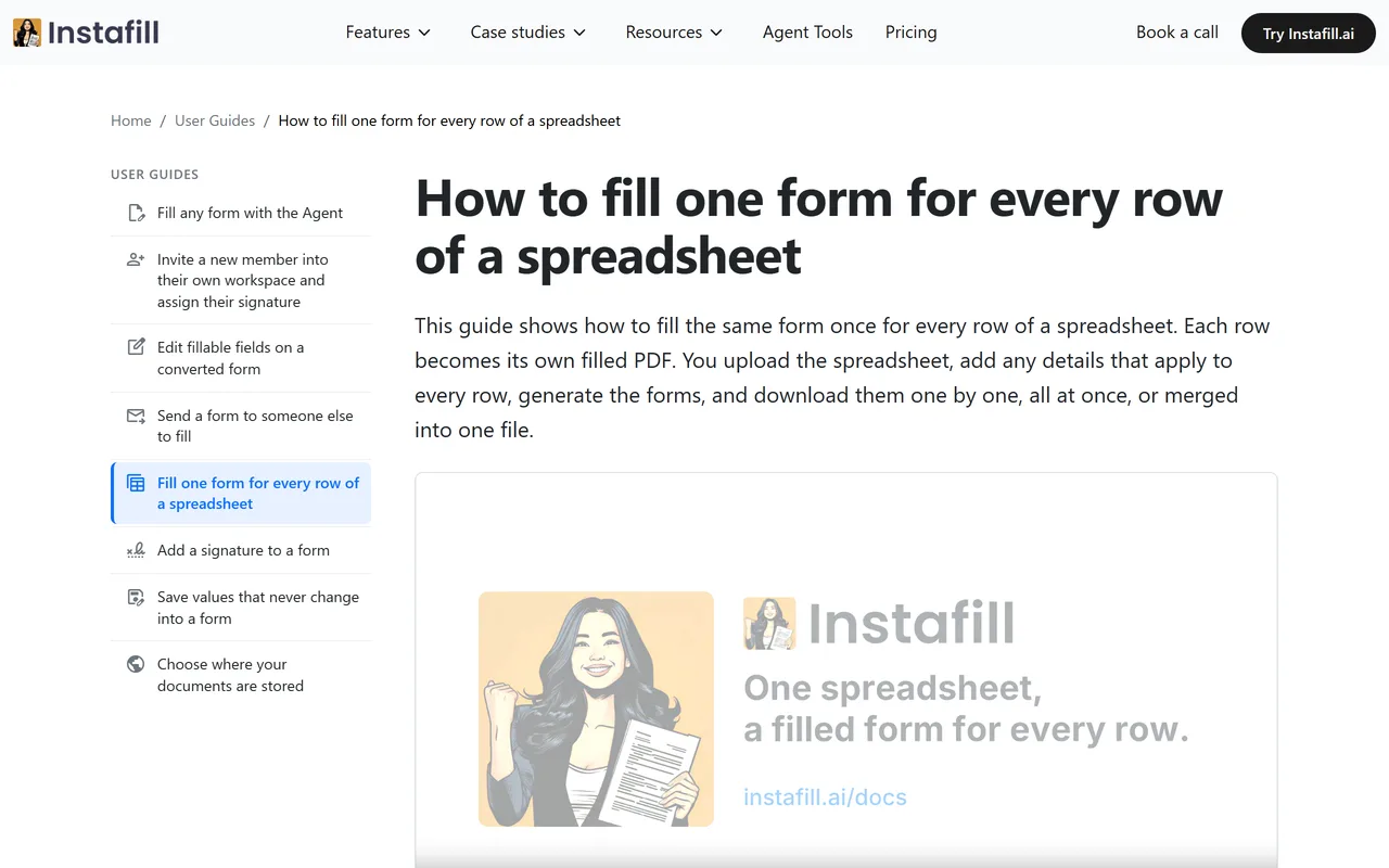 Instafill's help article How to fill one form for every row of a spreadsheet on instafill.ai, with its KitCut film embedded under the first paragraph, paused on the Instafill logo and mascot.