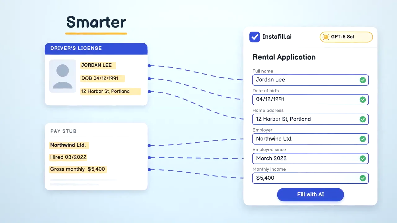 A frame of Instafill's announcement film: a driver's license and a pay stub feeding their values into a rental application, every field ticked, under the word Smarter.