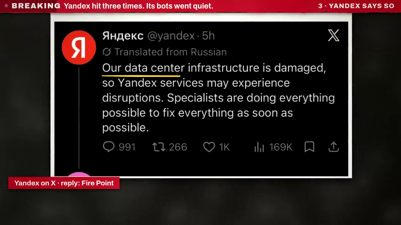Yandex's post on X, translated from Russian, saying its data centre infrastructure is damaged and services may be disrupted, with its replies, reposts, likes and 169K views, credited Yandex on X.