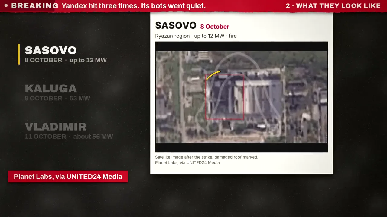 A satellite photo of the Sasovo data centre after the strike, the damaged roof marked, beside the list of the three sites with their dates and power, credited Planet Labs via UNITED24 Media.