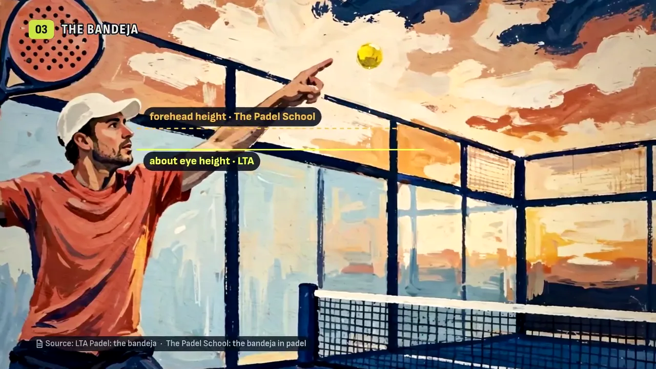 A painted padel player reaching up for a bandeja, with two labels on the contact point: forehead height, from The Padel School, and about eye height, from LTA Padel.