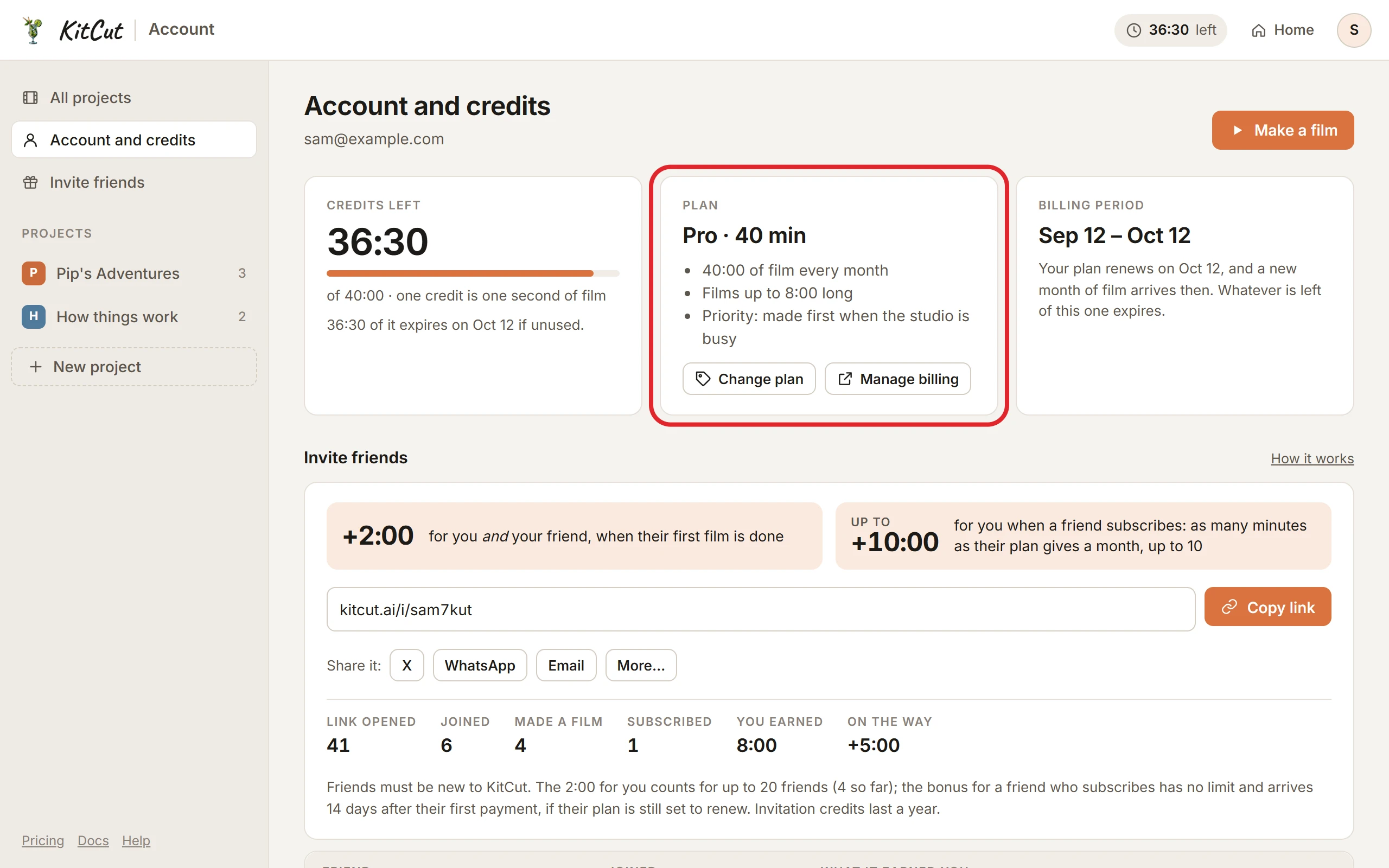 The account page at kitcut.ai/account: credits left, the plan and the billing month at the top, then Invite friends with the invite link, with a red circle around the plan card.