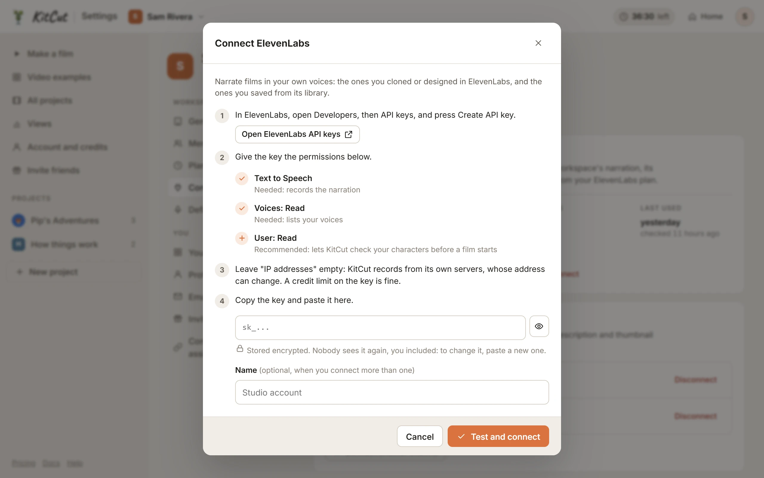The Connect ElevenLabs dialog: four numbered steps, the three permissions to give the key (Text to Speech and Voices: Read needed, User: Read recommended, circled), advice to leave IP addresses empty, and the field to paste the key.