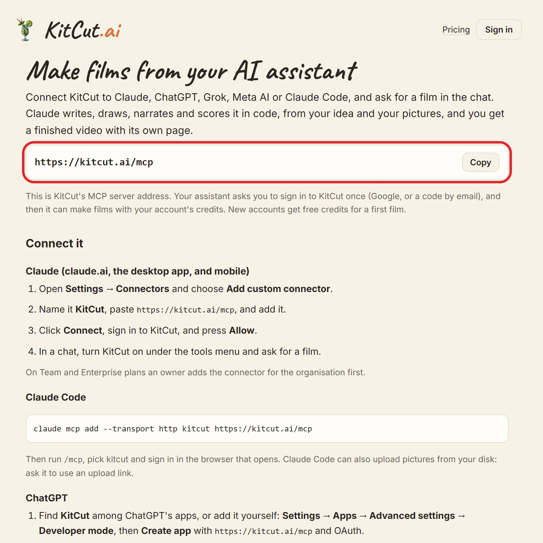 The connect page at kitcut.ai/connect: the server address with a Copy button, and setup steps for Claude, Claude Code, ChatGPT, Grok and other apps, with a red circle around the address.