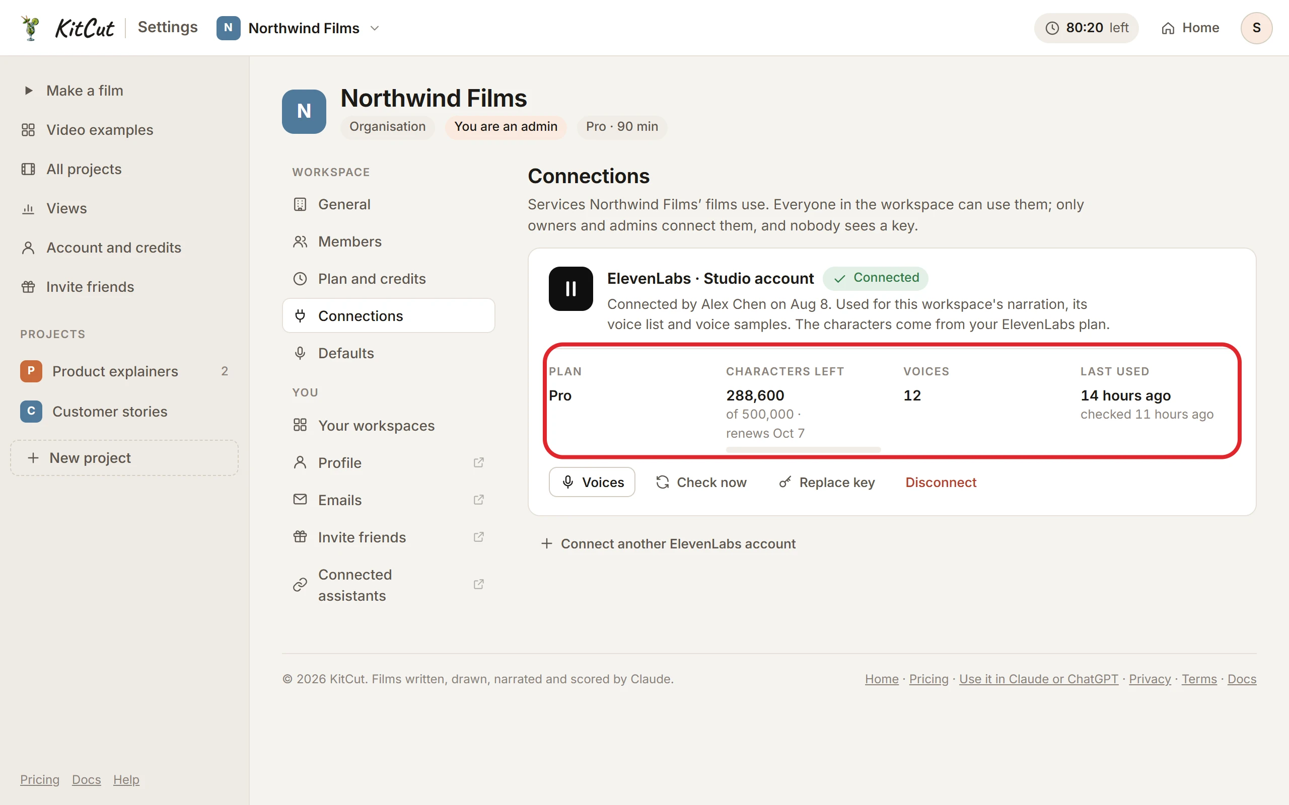 A workspace's Connections page: the ElevenLabs card, Connected, with the account's plan, characters left and when they renew, the number of voices and when it was last used (circled), and buttons for Voices, Check now, Replace key and Disconnect.