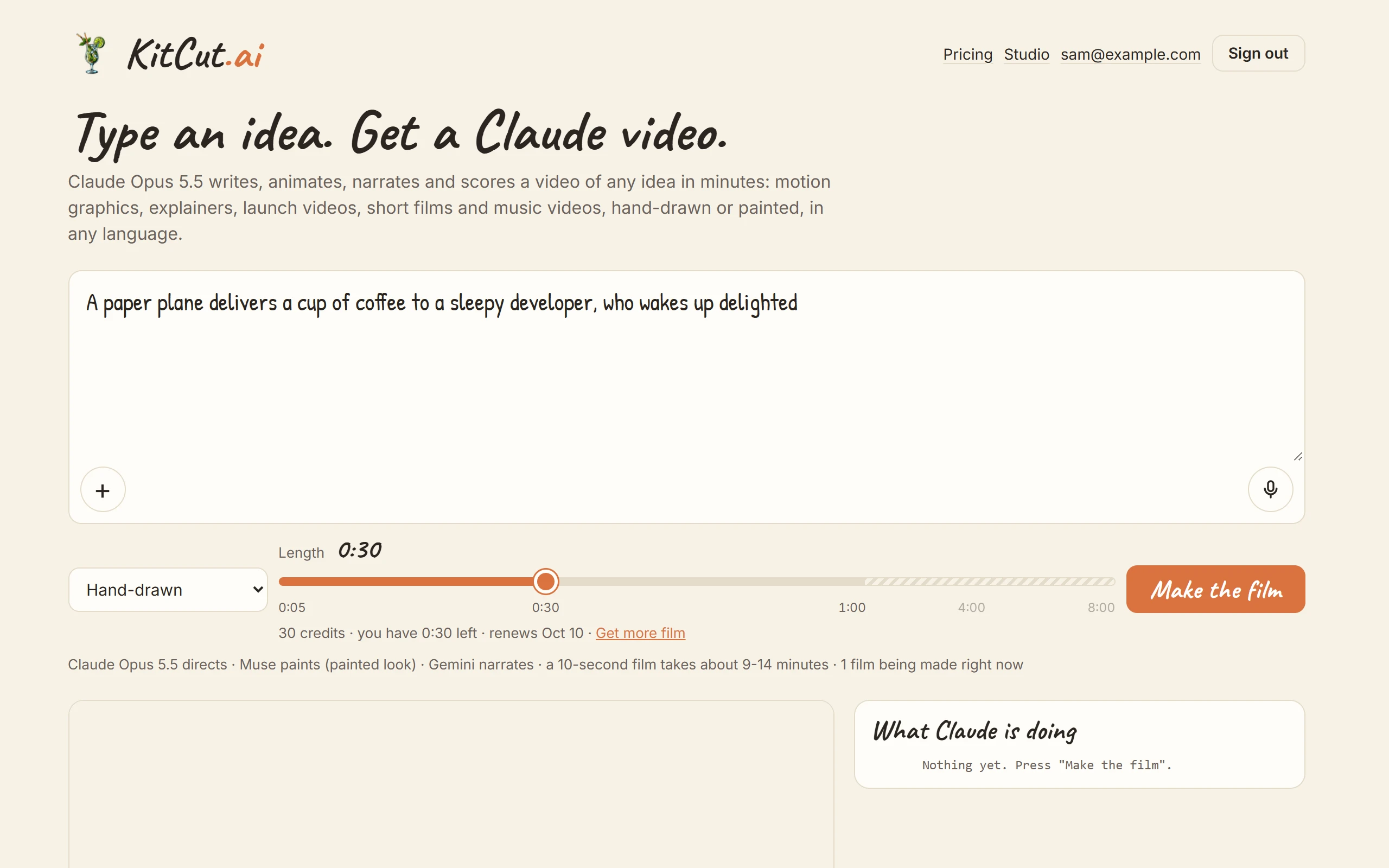 The KitCut home page: the idea box, with buttons for pictures and voice notes, the look, the length and "Make the film".