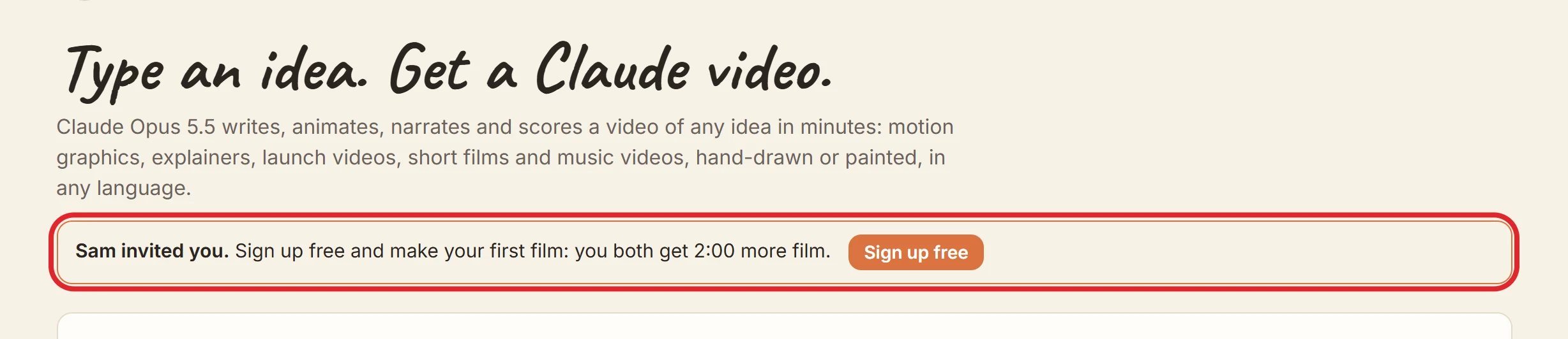 The top of KitCut's home page opened from an invite link, with a red circle around the note: Sam invited you. Sign up free and make your first film: you both get 2:00 more film. A Sign up free button sits beside it.