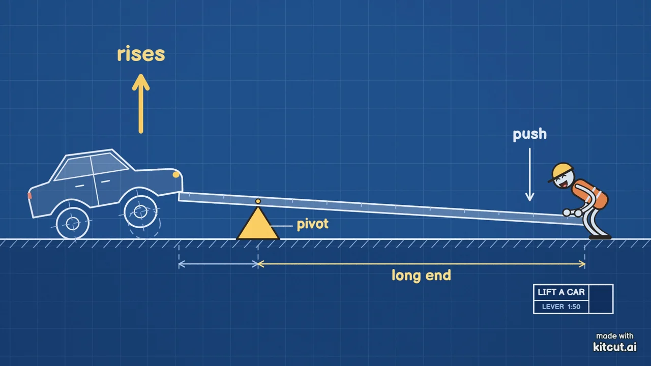 A still from a hand-drawn KitCut film in the clean style on the blueprint ground: a lever lifts a car, labelled rises, pivot, push and long end.