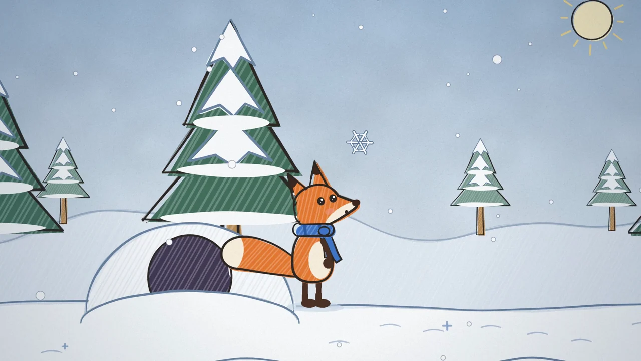 A still from a hand-drawn KitCut film in the crayon style: Pip, an orange fox in a blue scarf, stands by an igloo among snowy pine trees, all drawn in crayon lines.