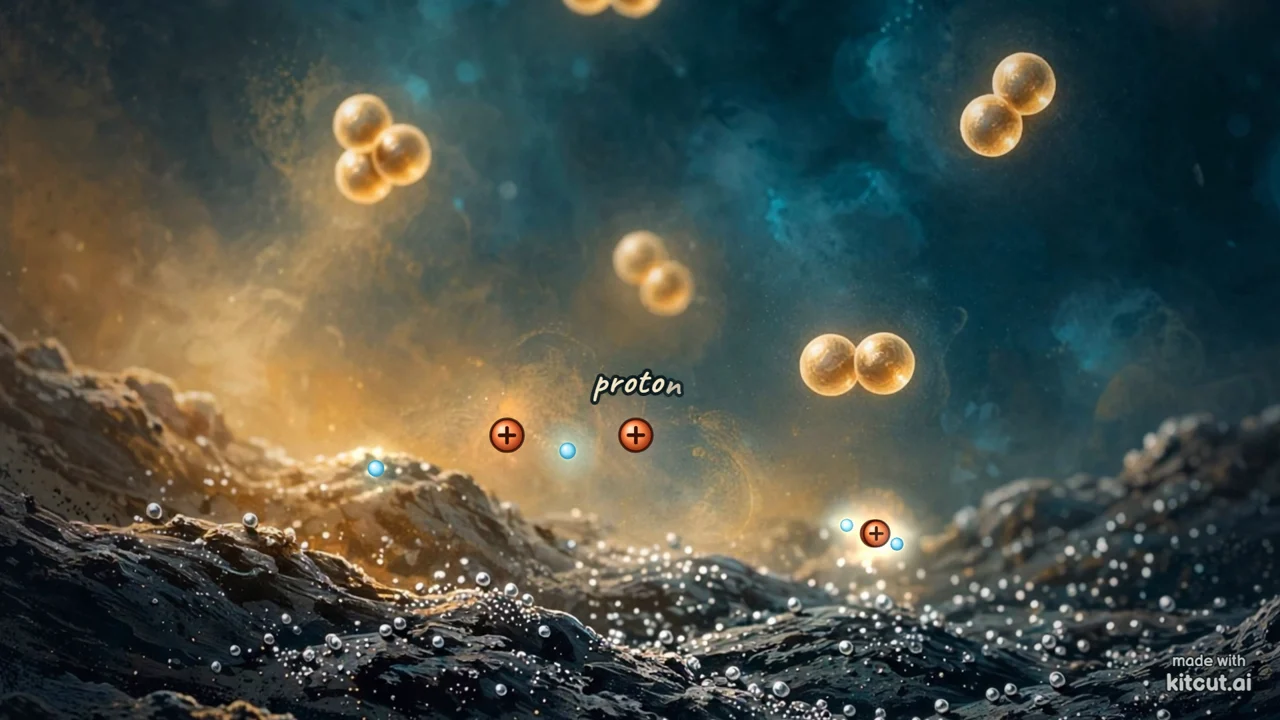 A still from a painted KitCut film: glowing particles over a dark painted landscape, with the word proton drawn on top by Claude.