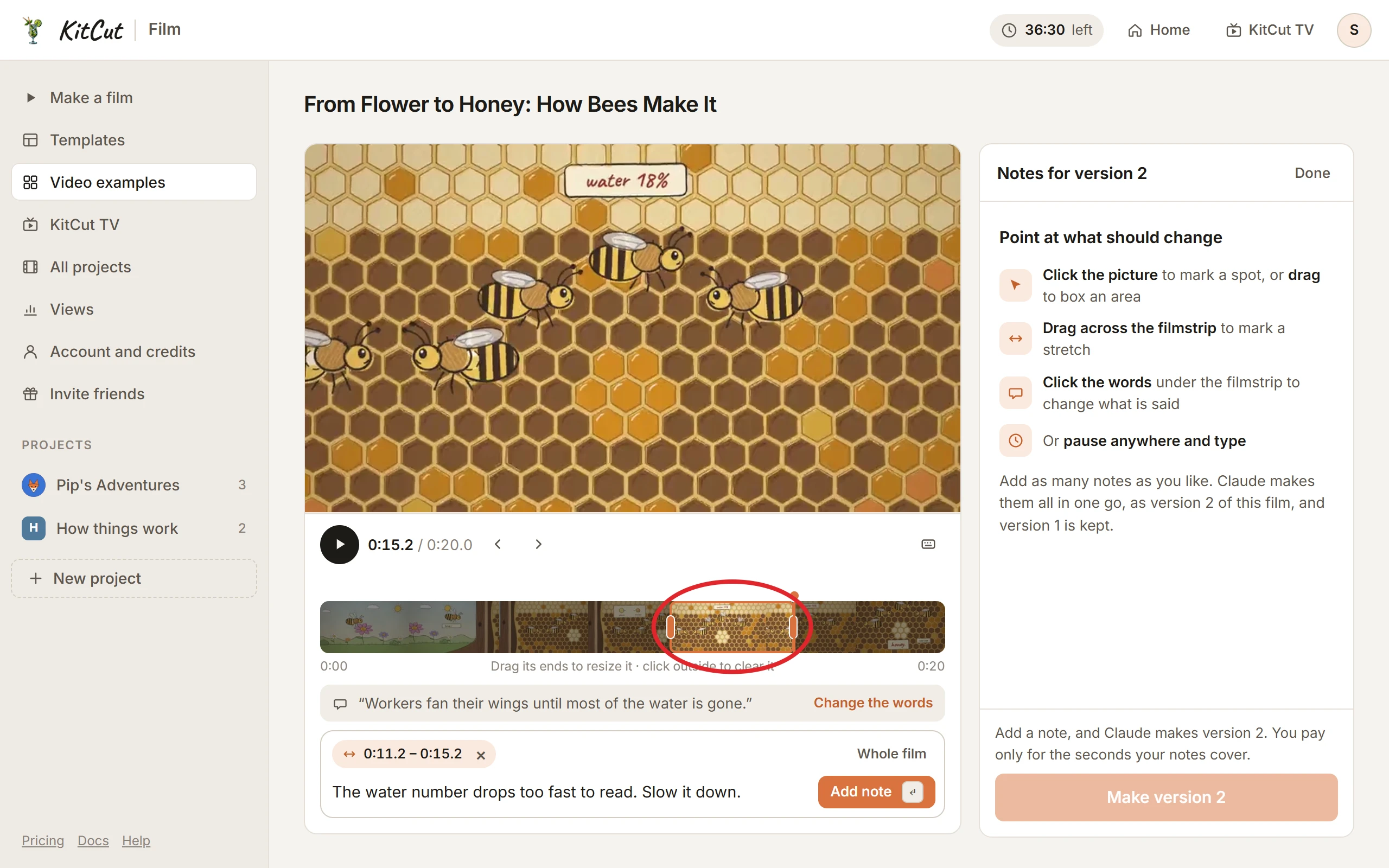 The notes with a stretch marked: an orange range on the filmstrip from 0:11.2 to 0:15.2 with a handle at each end, the hint "Drag its ends to resize it, click outside to clear it" under it, and in the note box the chip "0:11.2 to 0:15.2" with the text "The water number drops too fast to read. Slow it down." A red circle around the range on the filmstrip.
