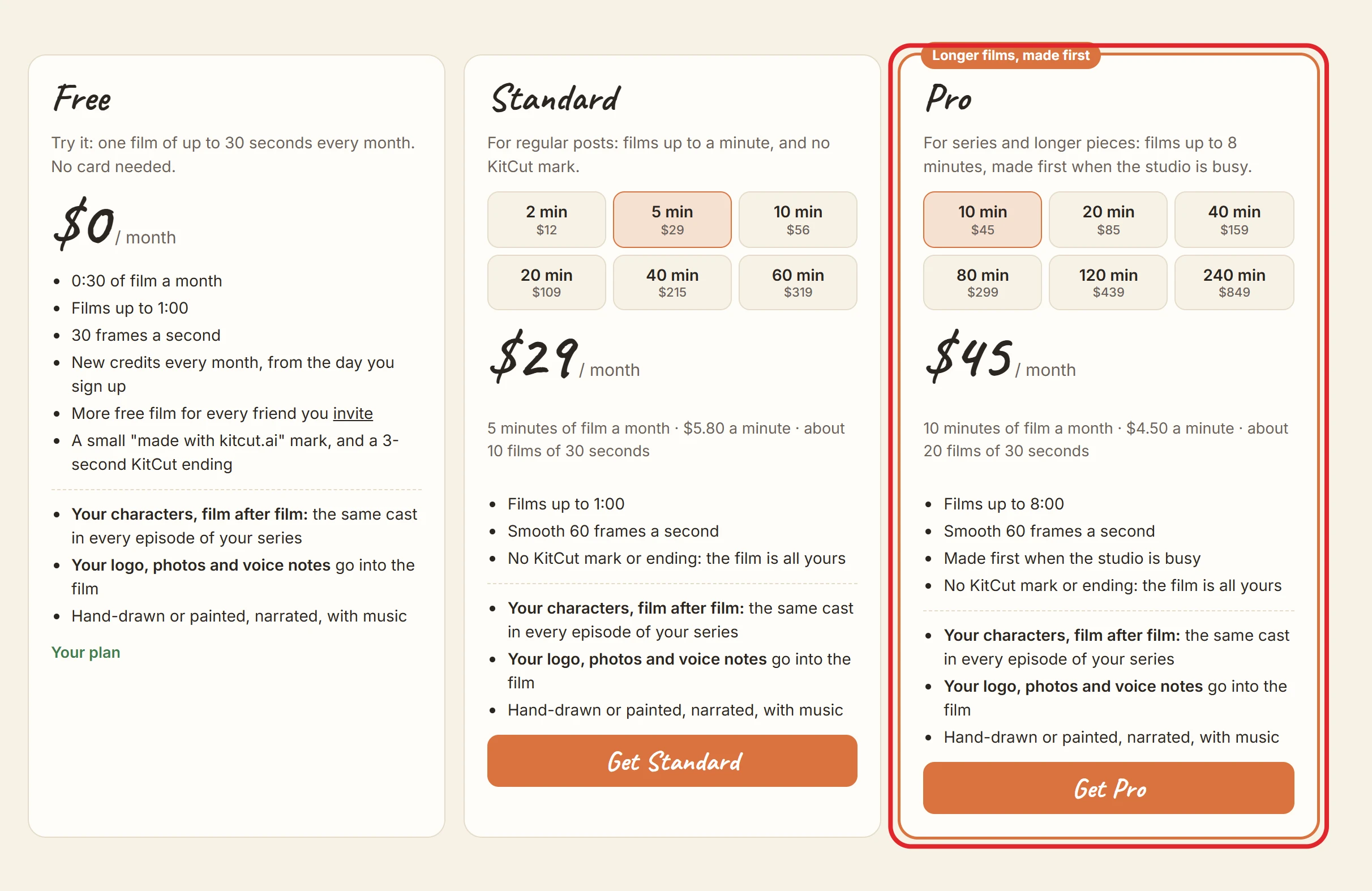 The pricing page's three plan cards - Free, Standard and Pro - with a red frame around the Pro card.
