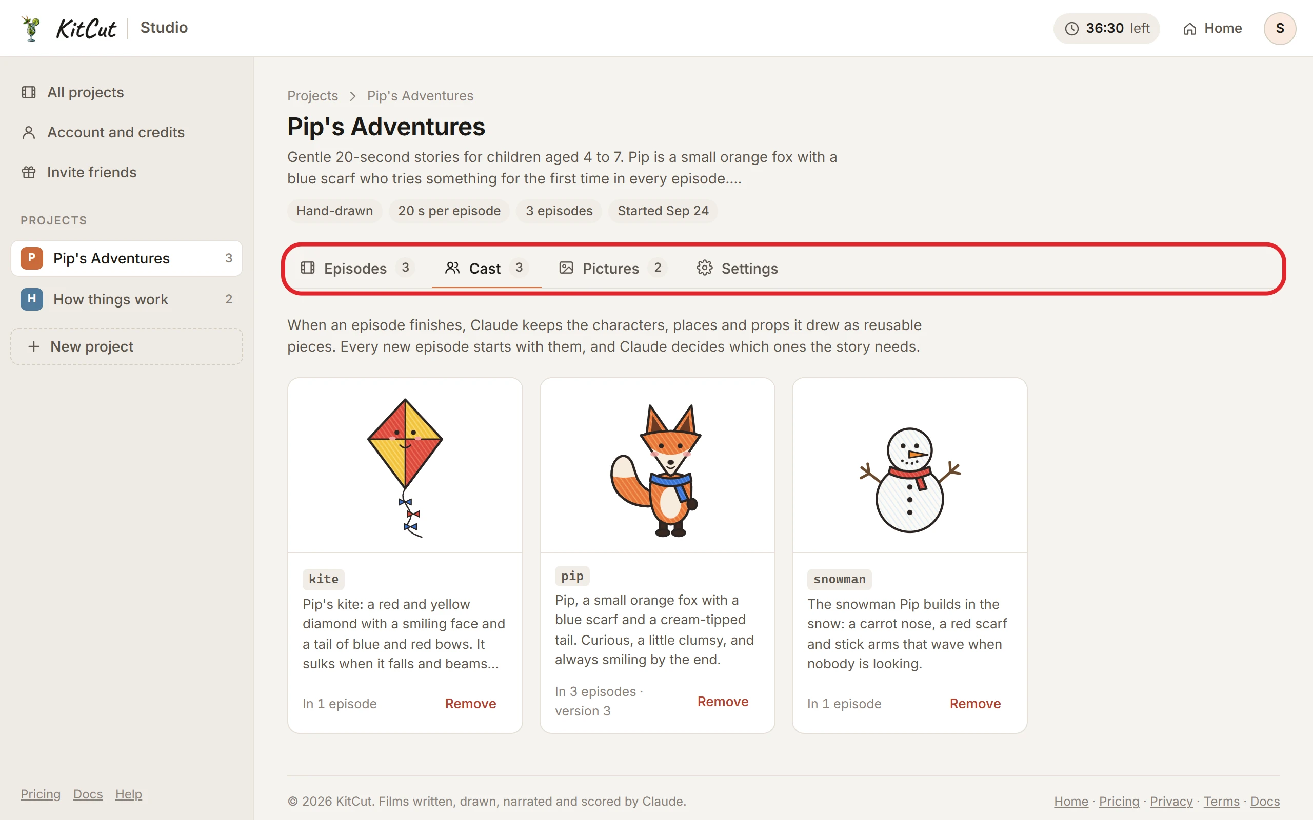 A project's page with its tabs - Episodes, Cast, Pictures and Settings - showing the Cast tab with the series' characters, with a red circle around the tabs.