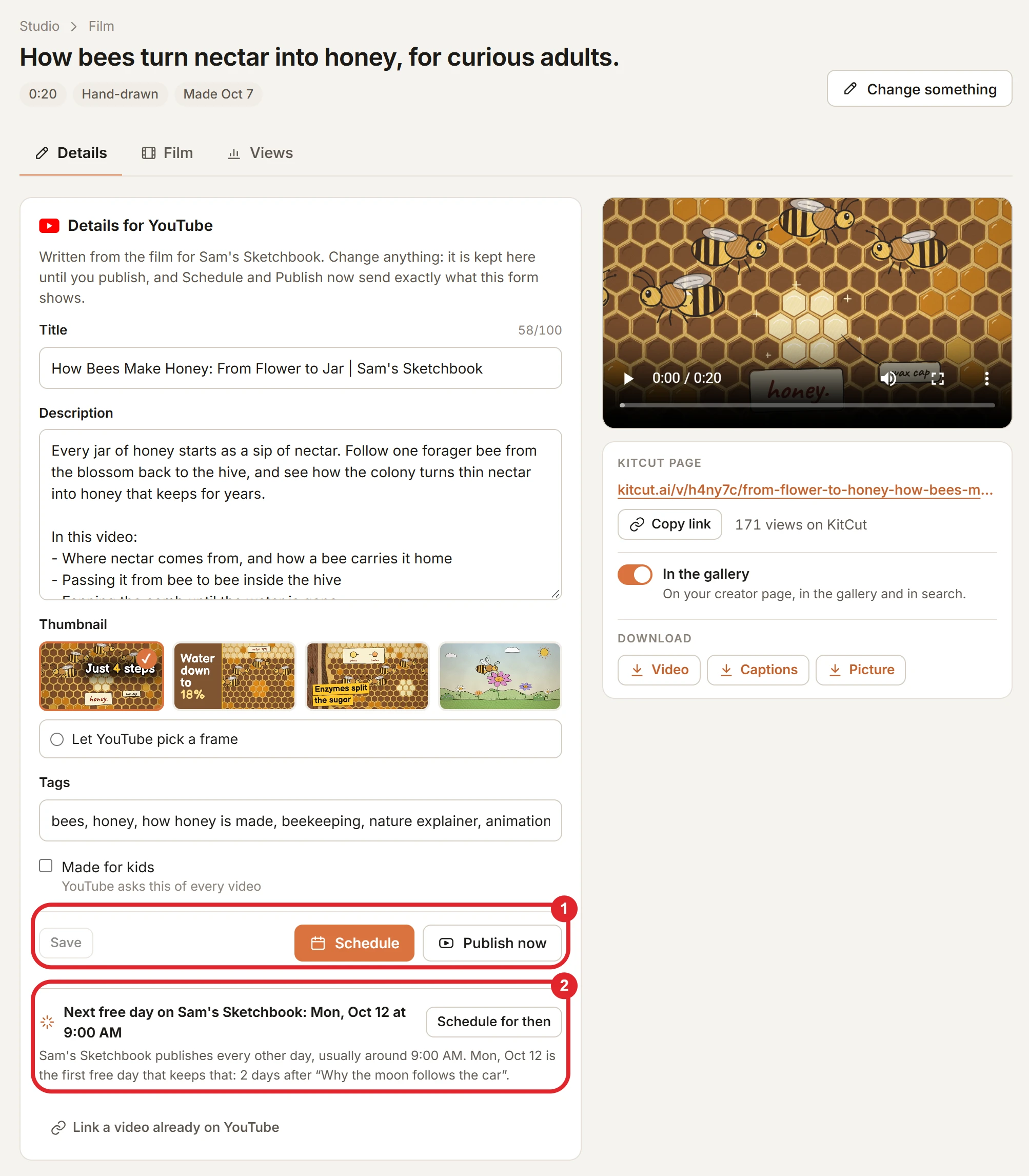 The Details tab for a film that is not on YouTube yet: "Details for YouTube", with a title and description written from the film, four thumbnails with the first picked and "Let YouTube pick a frame", tags, Made for kids, and at the foot Save, Schedule and Publish now (1, circled); under it the next free day on the channel with Schedule for then (2, circled).
