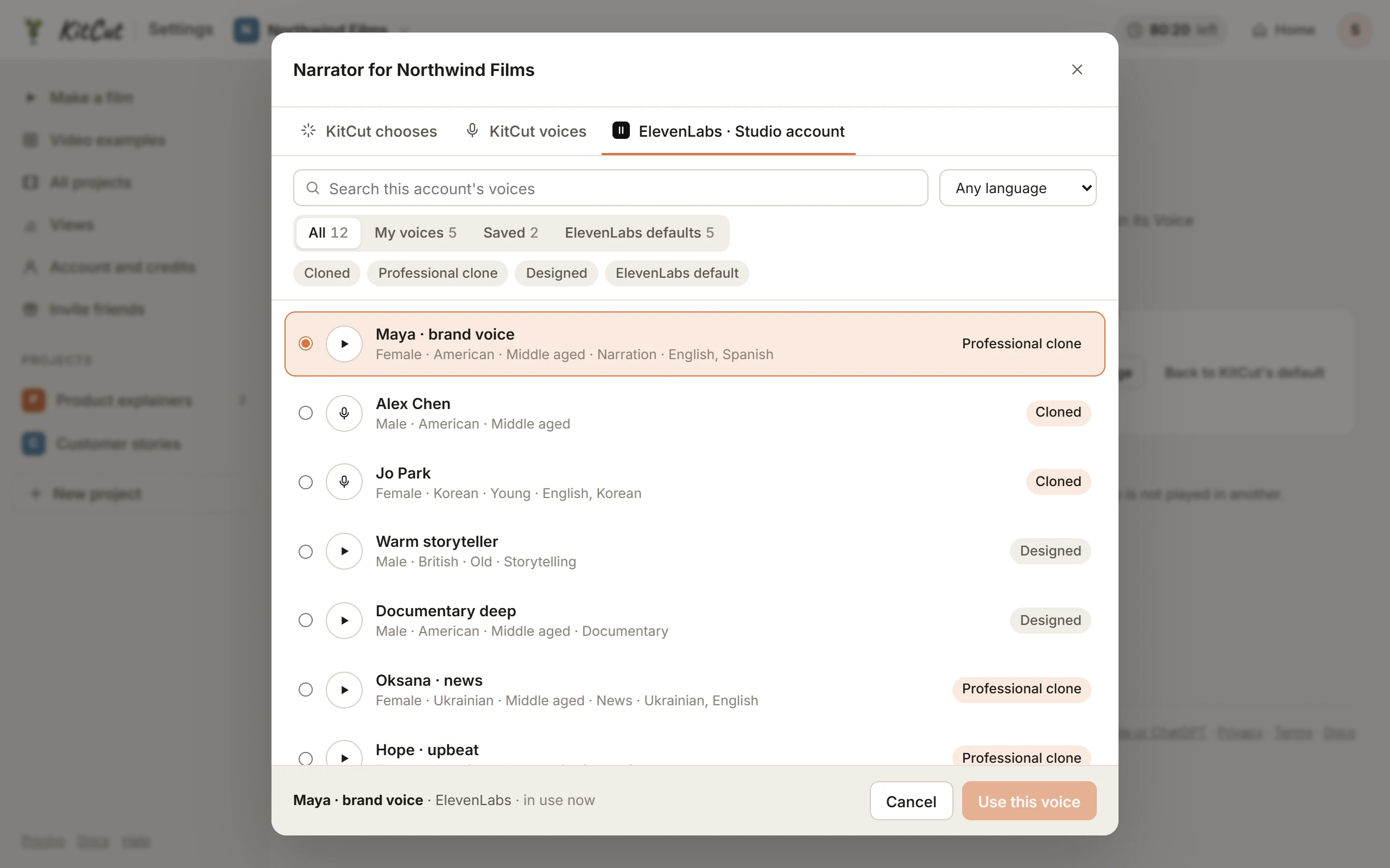 The voice picker for a workspace: tabs for KitCut chooses, KitCut voices and a connected ElevenLabs account, the ElevenLabs tab open with search, filters and a list of voices, each with a play button; circle 1 marks the ElevenLabs tab, circle 2 the voice in use.